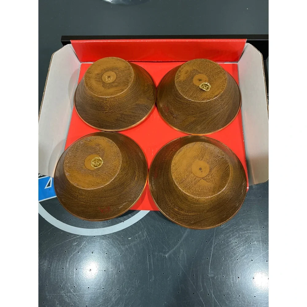 Vintage Faux Wood Grain Salad Bowls Set of 4 Copper Rim Metallic Trim Brown